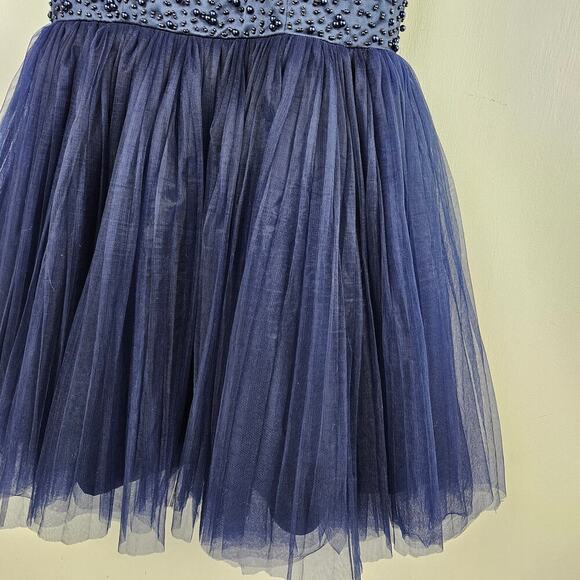 Navy Blue Halter Sleeveless Satin Beaded & Tulle Mini Dress M? Keyhole Back - Picture 3 of 9